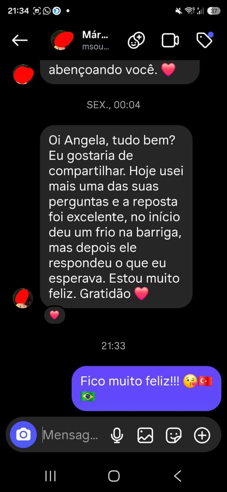 Mensagem de leitora agradecendo pelas perguntas e contando que teve mais clareza e segurança