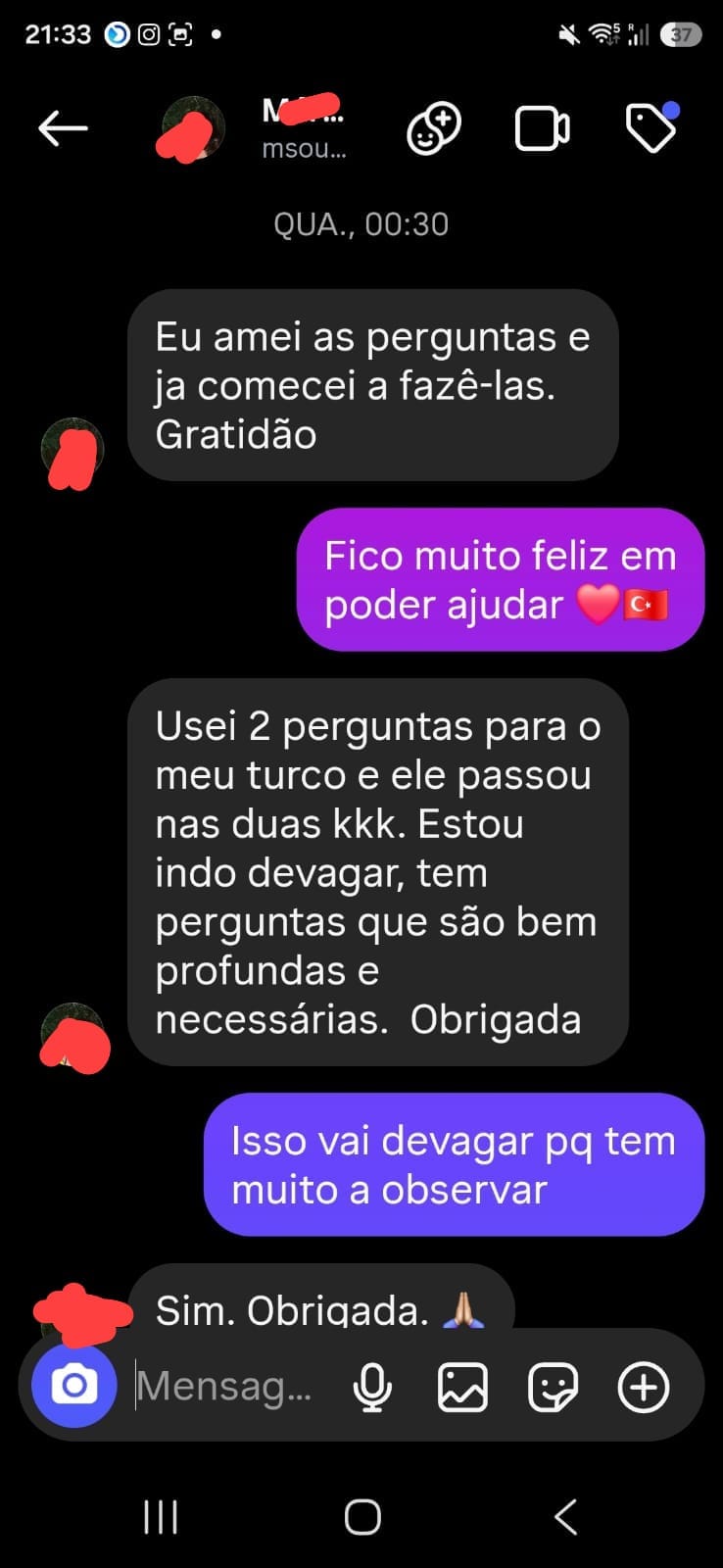 Mensagem de leitora contando que usou mais uma pergunta e a resposta foi excelente